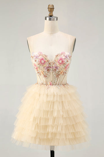 Apricot Spaghetti Straps Corset A Line Ruffled Cocktail Dress